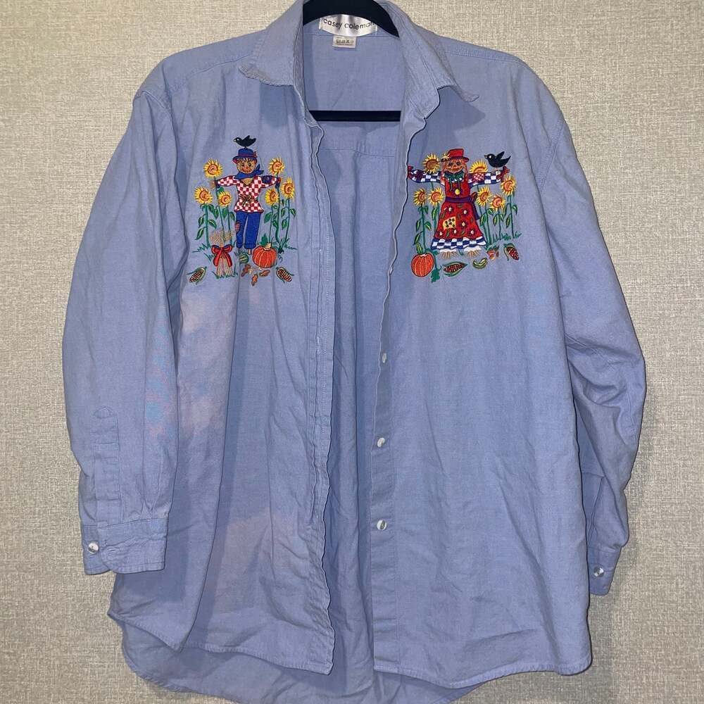 Vintage Casey Coleman Halloween Fall Scarecrow Denim Button-Up Shirt - Picture 2 of 7